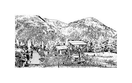 Building view with landmark of 
Solden is a municipality in Austria. Hand drawn sketch illustration in vector.のイラスト素材