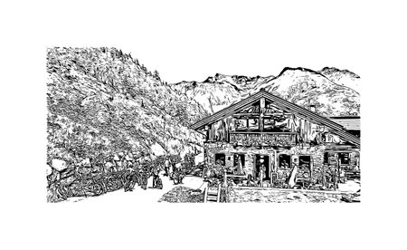 Building view with landmark of 
Solden is a municipality in Austria. Hand drawn sketch illustration in vector.のイラスト素材