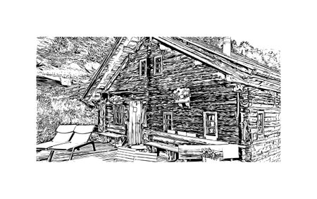Building view with landmark of 
Solden is a municipality in Austria. Hand drawn sketch illustration in vector.のイラスト素材