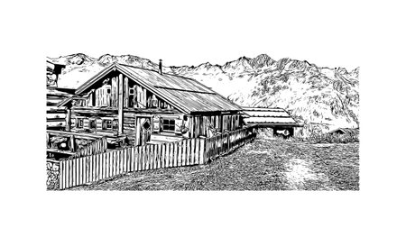 Building view with landmark of 
Solden is a municipality in Austria. Hand drawn sketch illustration in vector.のイラスト素材
