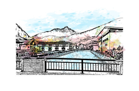 Building view with landmark of 
Solden is a municipality in Austria. Watercolor splash with hand drawn sketch illustration in vector.のイラスト素材