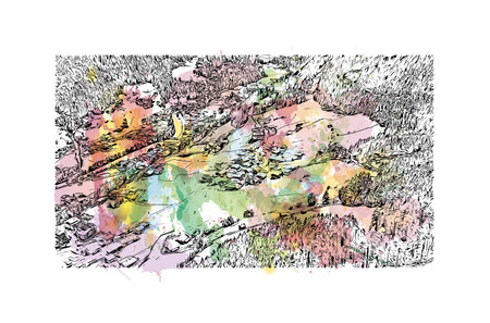Building view with landmark of 
Solden is a municipality in Austria. Watercolor splash with hand drawn sketch illustration in vector.のイラスト素材
