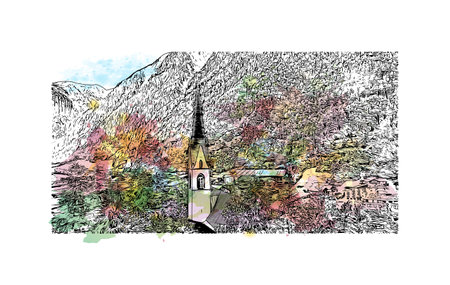 Building view with landmark of 
Solden is a municipality in Austria. Watercolor splash with hand drawn sketch illustration in vector.のイラスト素材