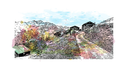 Building view with landmark of 
Solden is a municipality in Austria. Watercolor splash with hand drawn sketch illustration in vector.のイラスト素材