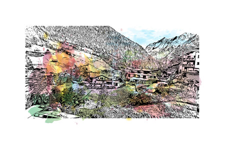 Building view with landmark of 
Solden is a municipality in Austria. Watercolor splash with hand drawn sketch illustration in vector.のイラスト素材