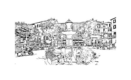 Building view with landmark of 
Soller is the town in Spain. Hand drawn sketch illustration in vector.のイラスト素材