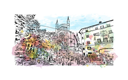 Building view with landmark of 
Soller is the town in Spain. Watercolor splash with hand drawn sketch illustration in vector.のイラスト素材
