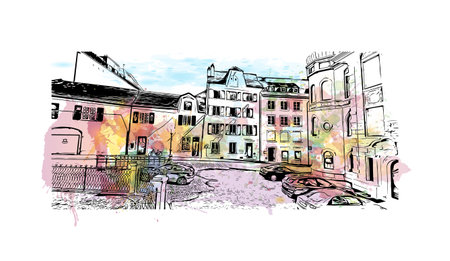 Building view with landmark of Solothurn is a town in Switzerland. 
Watercolor splash with hand drawn sketch illustration in vector.のイラスト素材