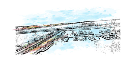 Building view with landmark of  
Sopot is the city in Poland. Watercolor splash with hand drawn sketch illustration in vector.のイラスト素材