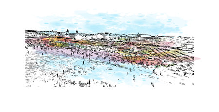 Building view with landmark of  
Sopot is the city in Poland. Watercolor splash with hand drawn sketch illustration in vector.のイラスト素材
