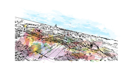 Building view with landmark of  
Sopot is the city in Poland. Watercolor splash with hand drawn sketch illustration in vector.のイラスト素材