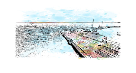 Building view with landmark of  
Sopot is the city in Poland. Watercolor splash with hand drawn sketch illustration in vector.のイラスト素材