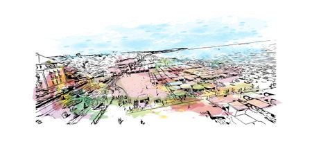 Building view with landmark of  
Sopot is the city in Poland. Watercolor splash with hand drawn sketch illustration in vector.のイラスト素材