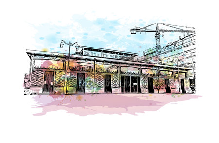 Building view with landmark of Rennes is the
City in France. Watercolor splash with hand drawn sketch illustration in vector.のイラスト素材