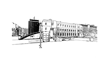 Building view with landmark of Reno is the city in USA. Hand drawn sketch illustration in vector.のイラスト素材
