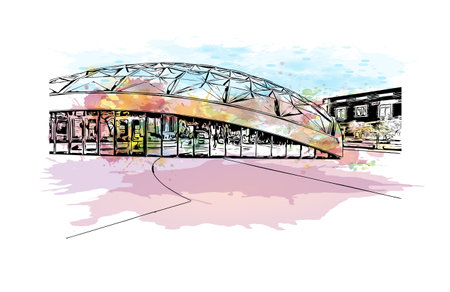 Building view with landmark of Reno is the city in USA. Watercolor splash with hand drawn sketch illustration in vector.のイラスト素材