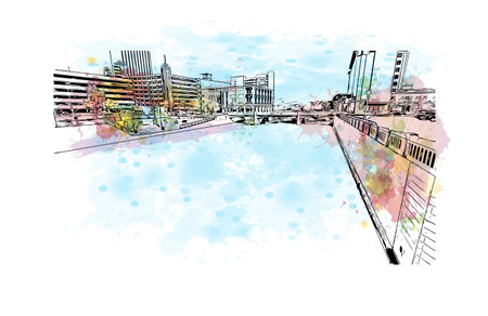 Building view with landmark of Reno is the city in USA. Watercolor splash with hand drawn sketch illustration in vector.のイラスト素材