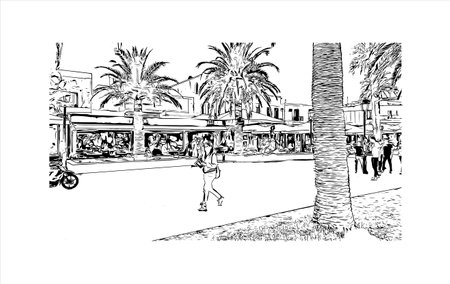 Building view with landmark of  Rethymno is the city in Greece. Hand drawn sketch illustration in vector.のイラスト素材