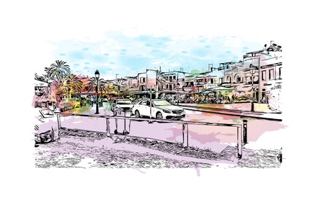 Building view with landmark of  Rethymno is the city in Greece. Watercolor splash with hand drawn sketch illustration in vector.のイラスト素材