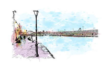 Building view with landmark of  Rethymno is the city in Greece. Watercolor splash with hand drawn sketch illustration in vector.のイラスト素材