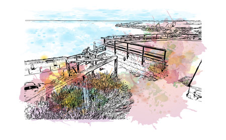 Building view with landmark of  Rethymno is the city in Greece. Watercolor splash with hand drawn sketch illustration in vector.のイラスト素材