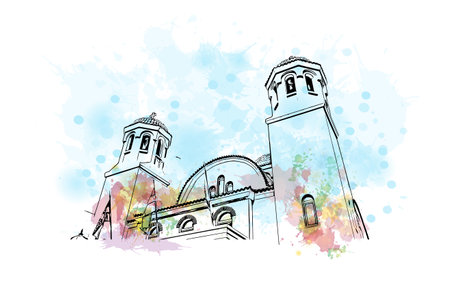 Building view with landmark of  Rethymno is the city in greece. Watercolor splash with hand drawn sketch illustration in vector.のイラスト素材