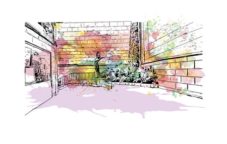 Building view with landmark of Reus is the city in Spain. Watercolor splash with hand drawn sketch illustration in vector.のイラスト素材