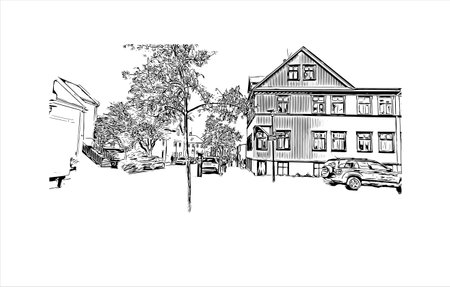 Building view with landmark of Reykjavik. is the capital in Iceland. Watercolor splash with hand drawn sketch illustration in vector.のイラスト素材