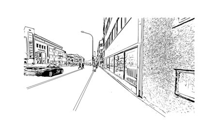 Building view with landmark of Reykjavik. is the capital in Iceland. Hand drawn sketch illustration in vector.のイラスト素材