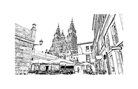 Building view with landmark of 
Santiago de Compostela is the city in Spain. Hand drawn sketch illustration in vector.のイラスト素材