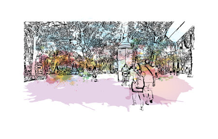 Building view with landmark of Santa Cruz de la Sierra is the largest city in Bolivia. Watercolor splash with hand drawn sketch illustration in vector.のイラスト素材