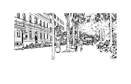 Building view with landmark of Santa Cruz de la Sierra is the largest city in Bolivia. Hand drawn sketch illustration in vector.のイラスト素材