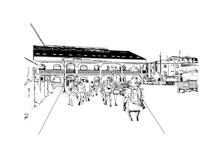 Building view with landmark of Santa Maria is a city in Cape Verde. Hand drawn sketch illustration in vector.のイラスト素材