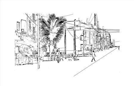 Building view with landmark of Santa Maria is a city in Cape Verde. Hand drawn sketch illustration in vector.のイラスト素材