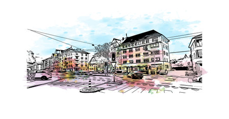 Building view with landmark of St. Gallen is a city in Switzerland. Watercolor splash with hand drawn sketch illustration in vector.のイラスト素材