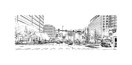 Building view with landmark of Stamford is the city in USA. Hand drawn sketch illustration in vector.のイラスト素材
