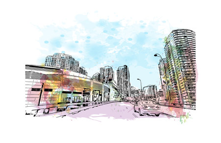 Building view with landmark of Stanley is the capital city in Falkland. Watercolor splash with hand drawn sketch illustration in vector.のイラスト素材