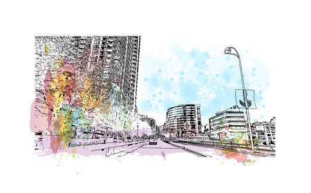 Building view with landmark of Stanley is the capital city in Falkland. Watercolor splash with hand drawn sketch illustration in vector.のイラスト素材
