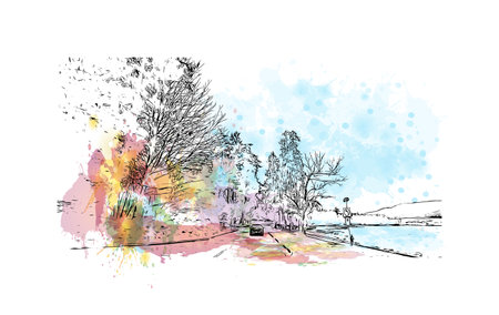 . Building view with landmark of Stanley is the capital city in Falkland. Watercolor splash with hand drawn sketch illustration in vector.のイラスト素材