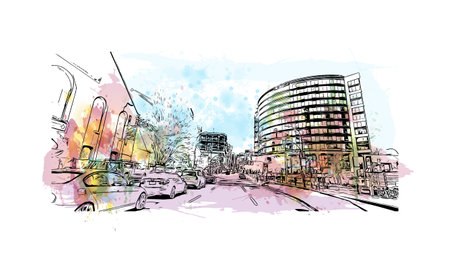 Building view with landmark of Stanley is the capital city in Falkland. Watercolor splash with hand drawn sketch illustration in vector.のイラスト素材