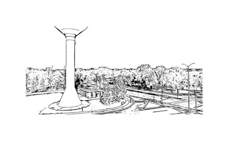 Building view with landmark of Steinbach is the city in Canada. Hand drawn sketch illustration in vector.のイラスト素材