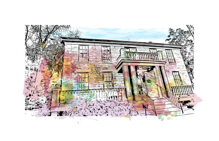 Building view with landmark of Stillwater is the city in USA. Watercolor splash with hand drawn sketch illustration in vector.のイラスト素材