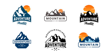Set of Mountain exploration badge logo design. Mountain travel emblem. Mountain expedition design.のイラスト素材