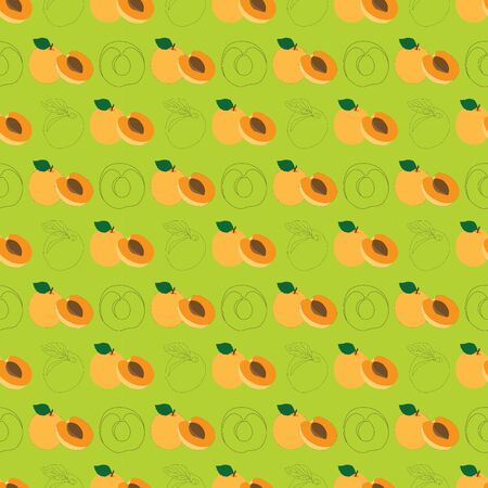 hand drawn seamless apricot fruit and sliced pattern on lime green background. repeating fruit pattern with fruit and leaves.のイラスト素材
