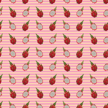 seamless vector pattern with dragon fruit on white and pink striped background. vector design of exotic tropical fruit pitayas.のイラスト素材