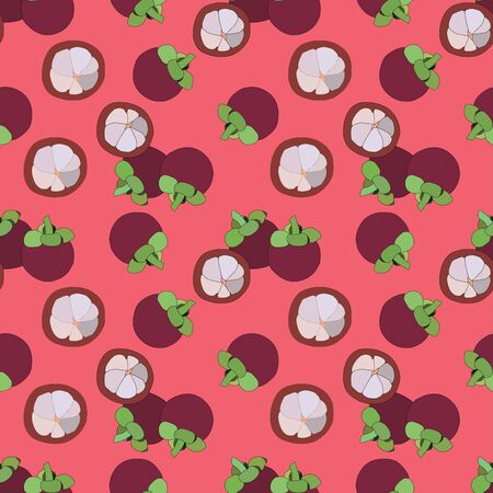 purple mangosteen seamless pattern illustration on red background. exotic tropical fruit from southeast Asia.のイラスト素材