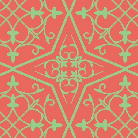 vintage seamless linear pattern in damask / persian / turkish style. beautiful green and red endless vector design illustration.のイラスト素材