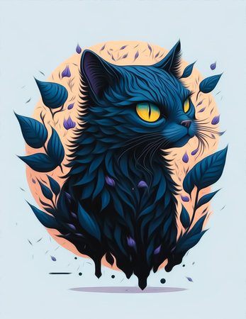 Fantasy black and blue cat with flowers and leaves. Hand drawn illustration.の素材