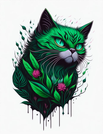 Cat head with flowers and leaves. Hand drawn illustration. Vector.の素材