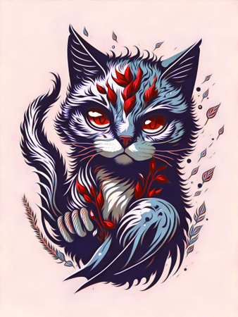 Cat with red eyes and feathers. Hand drawn illustration. Vector.の素材
